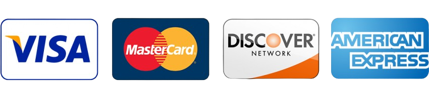 Visa, Mastercard, Discover, American Express logos.